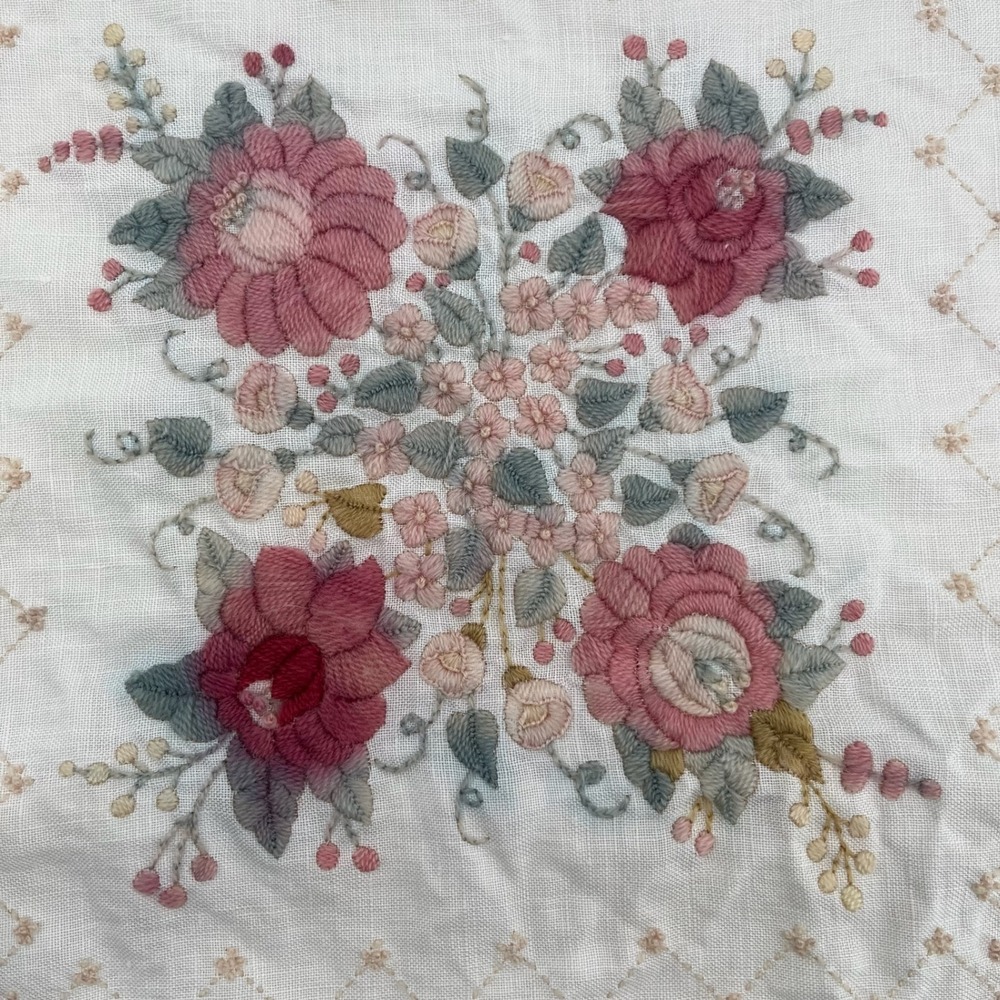 Vtg Embroidered Floral Pillow Cover Lace Ruffle Handmade Rose Cottage Granny